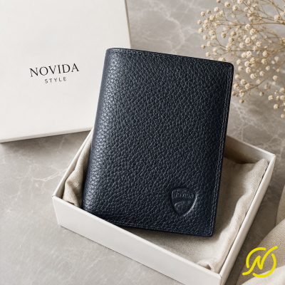 Ví nam da bò cao cấp xanh Navy logo tim NOVIDA