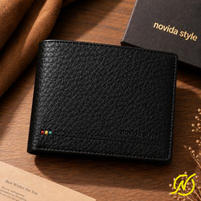Ví da bò Ý sần nam màu đen phối chỉ khâu tay NOVIDA