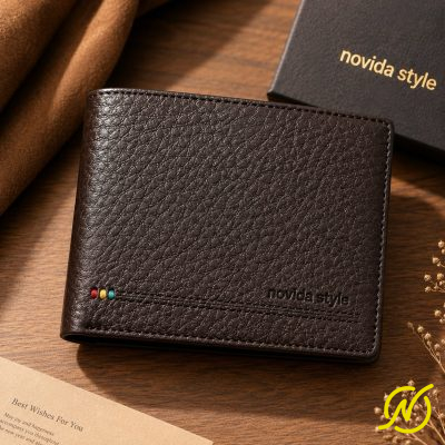 Ví da bò Ý sần cao cấp màu nâu phối chỉ khâu tay NOVIDA