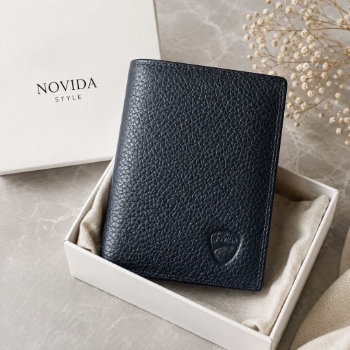 Ví nam da bò cao cấp xanh Navy logo tim NOVIDA