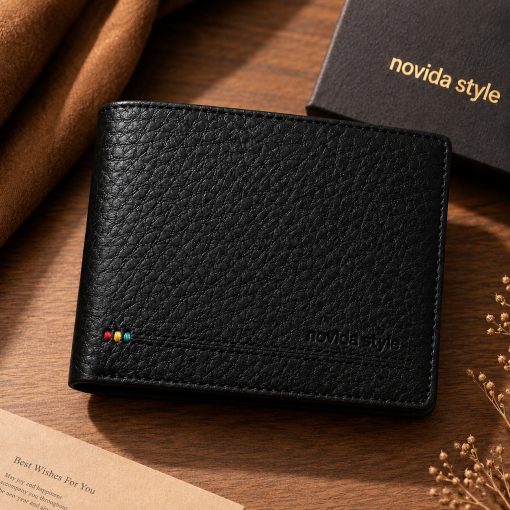 Ví da bò Ý sần nam màu đen phối chỉ khâu tay NOVIDA