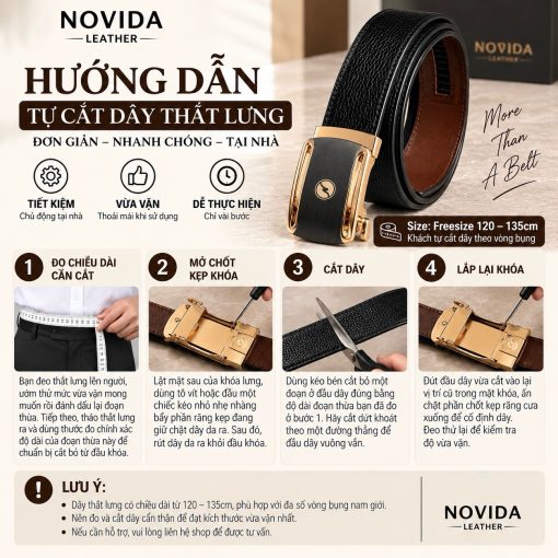 Hướng dẫn tự cắt dây thắt lưng nam da bò cao cấp khóa tăng đưa Novida